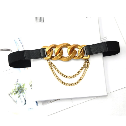 Damen Fashion Elastischer Gürtel Antikgold Kette Dekor Kunstleder Korsettgürtel Für Kleider Mäntel Anzug Schicker Taillengürtel