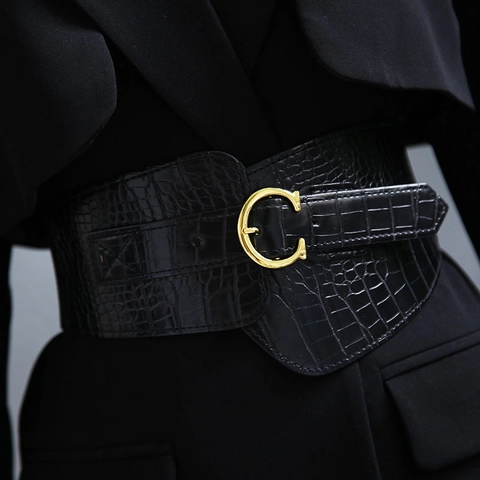 Women Wide Corset Belt Fashion Crocodile Pattern Elastic Waist Seal Gold C-Letter Buckle Waistband For Dress Coat Elegant Black