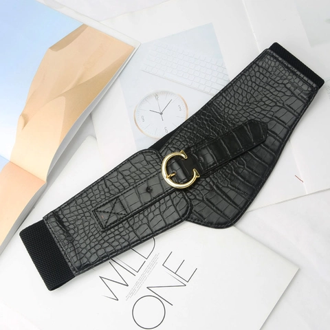 Women Wide Corset Belt Fashion Crocodile Pattern Elastic Waist Seal Gold C-Letter Buckle Waistband For Dress Coat Elegant Black