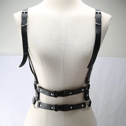 Harnais de Corps Gothique Punk en Cuir PU pour Femmes Ceinture Taille Réglable Avec Anneau en O et Rivets pour Soirée Club