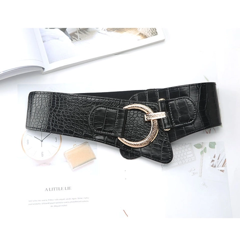 Damen Breiter Elastischer Korsettgürtel Eleganter Krokodilmuster Kunstleder Taillengürtel Mit Großer Goldener Schnalle Für Kleider