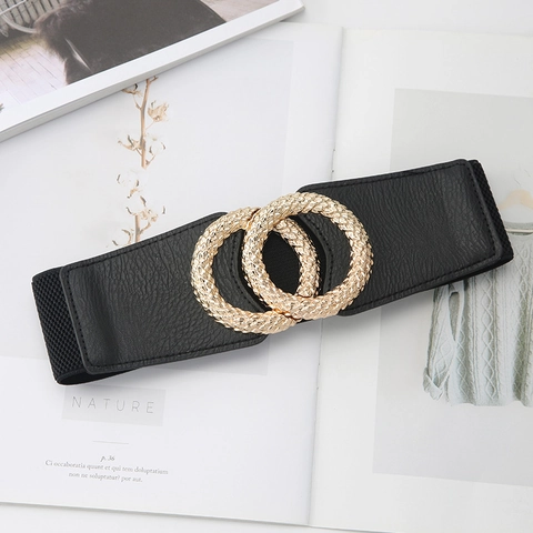 Damen Breiter Elastischer Korsettgürtel Gold Doppelrunde Schnalle Kunstleder Gürtel Für Kleider Mäntel Schwarz Retro Stil