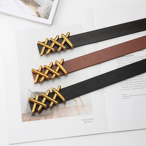 Korean Style Vintage Synthetic Leather Thin Belt For Women With Gold X-Shaped Buckle Fashion Casual Jeans Decorative Waistband