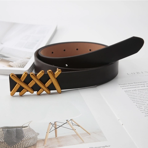 Korean Style Vintage Synthetic Leather Thin Belt For Women With Gold X-Shaped Buckle Fashion Casual Jeans Decorative Waistband