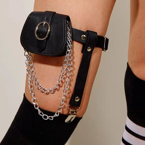 Punk Gothic PU Leather Leg Garter Bag For Women Adjustable Thigh Ring Belt With Metal Chains Harajuku JK Accessory