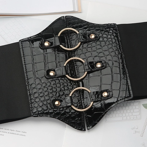 Cinturón de Corsé Elástico Ancho para Mujer Vintage Patrón de Cocodrilo Cuero Artificial Con Anillos de Oro para Vestidos Abrigos