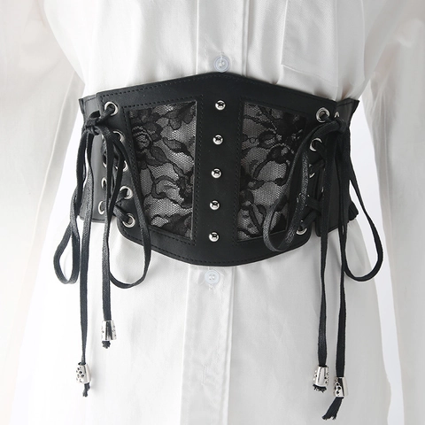 Damen Vintage Spitze Korsettgürtel Breit Elastisch Taillenmieder Schnürung Floral PU Leder Taillenband Für Kleid Hemd Accessoires
