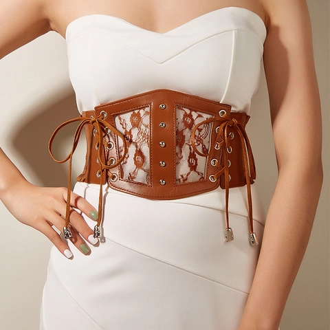 Damen Vintage Spitze Korsettgürtel Breit Elastisch Taillenmieder Schnürung Floral PU Leder Taillenband Für Kleid Hemd Accessoires