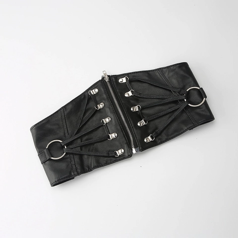 Cintura Corsetto Larga Punk Gothic da Donna in Pelle Artificiale Girovita Elastico Cerniera Metallo O-Ring Allacciata Decorativa