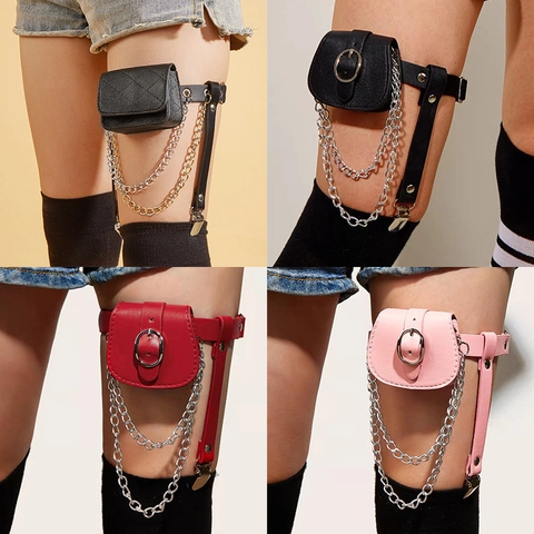 Punk Gothic PU Leather Leg Garter Bag For Women Adjustable Thigh Ring Belt With Metal Chains Harajuku JK Accessory