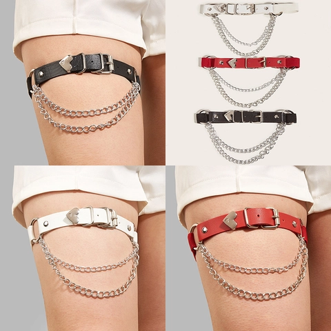 Liga de Pierna de Cuero Sintético Punk Gótico Harajuku Cadena de Metal Corazón Anillo de Pierna Ajustable Accesorio Lolita
