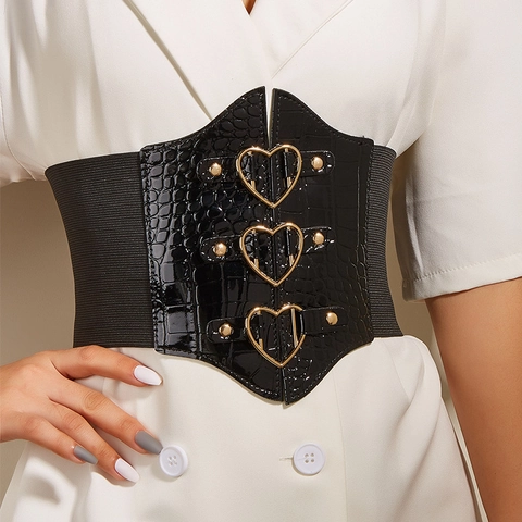 Cintura a Corsetto Larga da Donna in Pelle Artificiale Motivo Coccodrillo Fibbia Tripla a Cuore Cinturino Elastico per Abiti