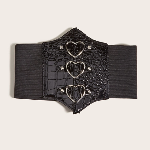 Cintura a Corsetto Larga da Donna in Pelle Artificiale Motivo Coccodrillo Fibbia Tripla a Cuore Cinturino Elastico per Abiti