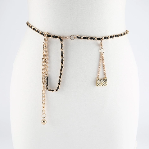 Ceinture Chaîne en Métal pour Femme Vintage Chaîne de Taille Entrelacée de Cuir Avec Pendentif Mini Sac Matelassé Bijoux de Corps Réglables