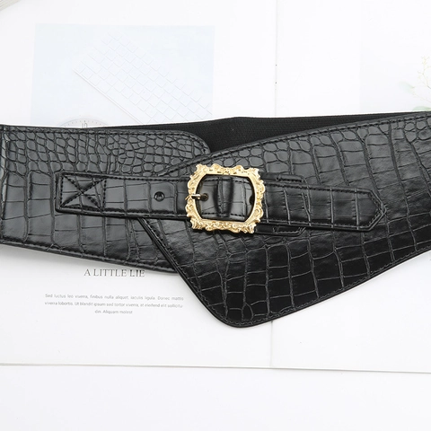 Damen Vintage Steinmaserung Breiter Elastischer Gürtel Kunstleder Goldene Schnalle Dehnbares Taillensiegel Für Kleider