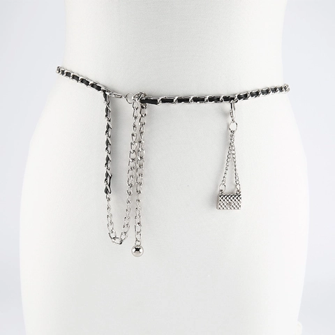 Ceinture Chaîne en Métal pour Femme Vintage Chaîne de Taille Entrelacée de Cuir Avec Pendentif Mini Sac Matelassé Bijoux de Corps Réglables