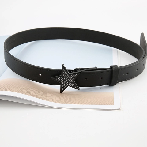 Women Fashion Faux Leather Belt With Rhinestone Star Buckle Slim Waist Belt For Jeans Suit Dress Vintage Decorative Accessory