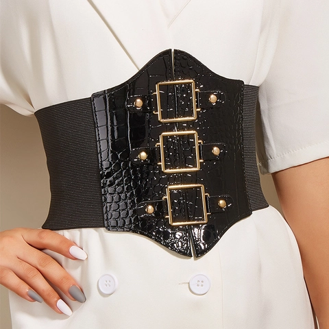 Cintura a Corsetto da Donna Elegante in Pelle Artificiale Larga Elastica Modellante Con Fibbie Quadrate in Metallo Motivo Coccodrillo