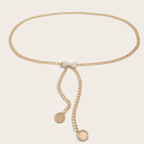Cintura a Catena da Vita in Metallo da Donna Con Fiocco Perla Artificiale Strass Nappina Oro Catena per Corpo per Abito