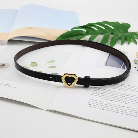 Women Fashion Heart Shaped Gold Alloy Buckle Narrow PU Leather Belt Solid Color Versatile Casual Thin Waist Belt For Dresses Pants