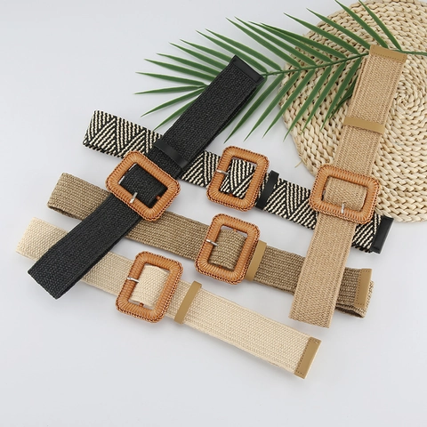 Damen Gewebter PP Stroh Gürtel Böhmischer Stil Quadratische Schnalle Elastischer Geflochtener Hüftgürtel Für Sommerurlaub Kleid Dekoration