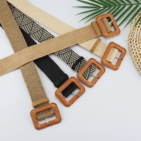 Damen Gewebter PP Stroh Gürtel Böhmischer Stil Quadratische Schnalle Elastischer Geflochtener Hüftgürtel Für Sommerurlaub Kleid Dekoration