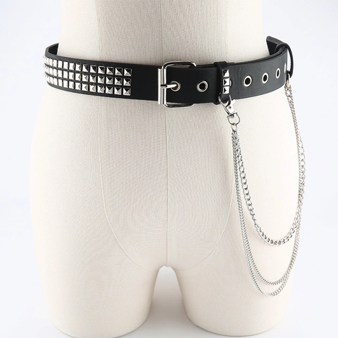 Cintura Punk Gothic Heavy Metal con Borchie e Tripla Catena Pendente in Ecopelle Cinturone Rock per Uomo Donna Accessorio Moda