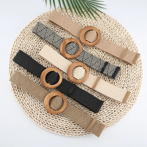 Damen Bohemian Geflochtener Elastischer Gürtel Runde Holzschnalle Strohoptik Taillengürtel Für Kleider Röcke Modeaccessoires