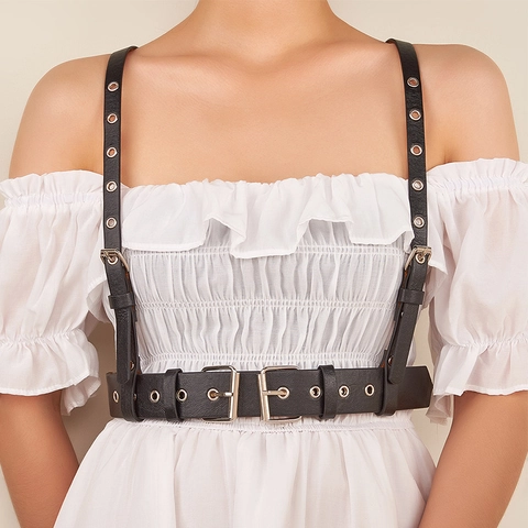 Women Punk Body Harness PU Leather Corset Belt With Adjustable Straps Metal Grommets Streetwear Fashion Waist Cincher