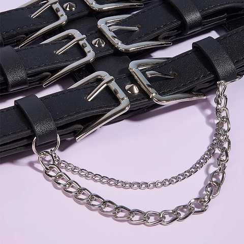 Punk Gothic Women Corset Belt With Metal Chains Faux Leather Elastic Wide Waistband For Dress Shirt Fashion Accessories