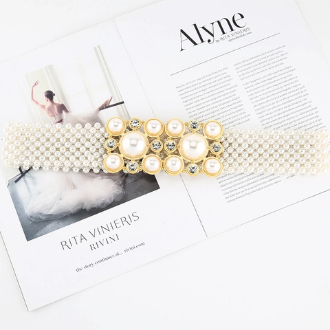 Elegant Faux Pearl Corset Belt For Women Retro Wide Elastic Waist Belt With Rhinestone Alloy Buckle Wedding Party Belt