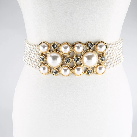 Elegant Faux Pearl Corset Belt For Women Retro Wide Elastic Waist Belt With Rhinestone Alloy Buckle Wedding Party Belt