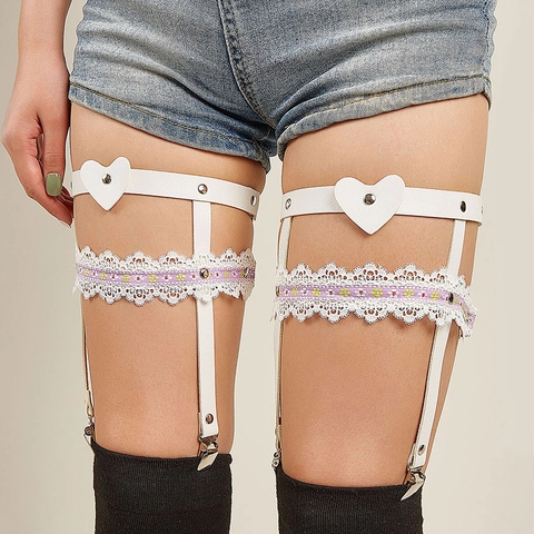 Sexy Damen Spitze Herz Oberschenkel Ring Strapsgürtel Kunstleder Beinkette Gothic Punk Harajuku Stil Stickerei Beindekor