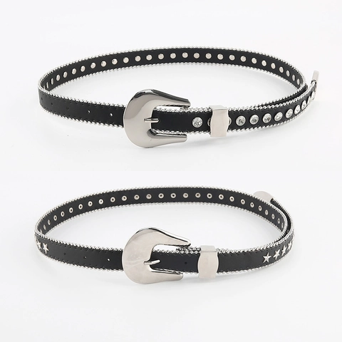 Cintura Western da Donna in Pelle Sintetica con Intarsio di Strass e Stelle Bordo con Perle Fibbia in Lega Punk Rock Accessorio Moda