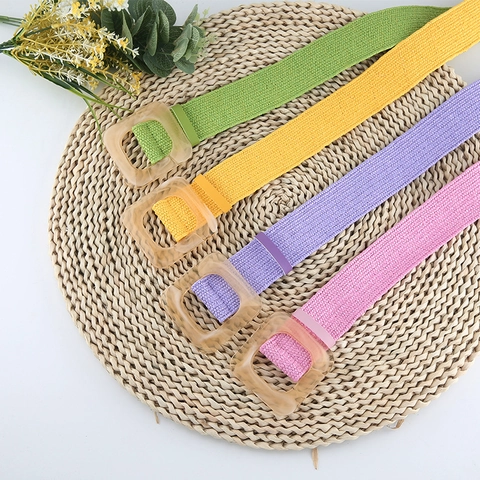 Women Elastic Woven Belt With Square Resin Buckle Bohemia Style PP Straw Waist Belt For Dress Decoration Casual Accessory