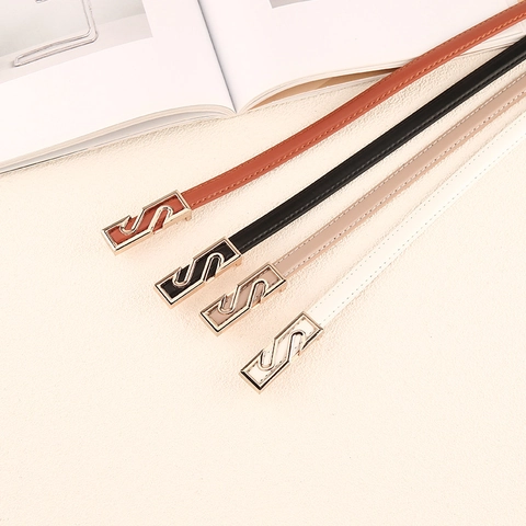 Women Korean PU Leather Skinny Belt Vintage S Shape Metal Buckle Versatile Thin Waistband For Jeans Dress Accessory