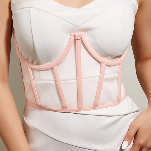Cintura a Corsetto da Donna in Rete Rosa Stile Europeo Con Supporto a Lisca di Pesce Catena di Metallo Decorazione Perla Artificiale