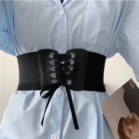 Cintura Corsetto Retrò da Donna Stringata Elastica Alta Fascia Girovita Bordo con Volant Ecopelle per Abiti Camicie