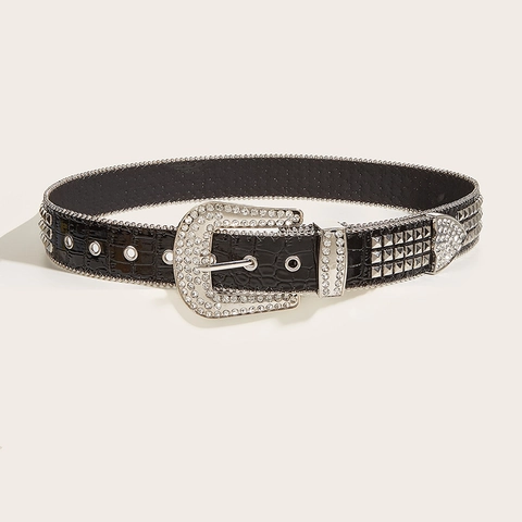 Women's Punk Style Rhinestone Buckle PU Leather Belt Black Crocodile Pattern Studded Western Rock Wide Waistband Versatile Belt