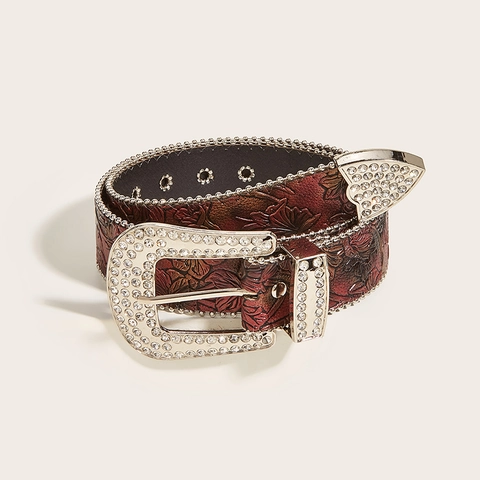 Women Vintage Western Rhinestone Belt PU Leather Floral Embossed Wide Waistband Punk Fashion Jeans Jewelry Accessory Gift