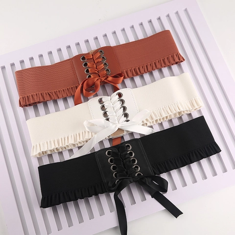 Cintura Corsetto Retrò da Donna Stringata Elastica Alta Fascia Girovita Bordo con Volant Ecopelle per Abiti Camicie