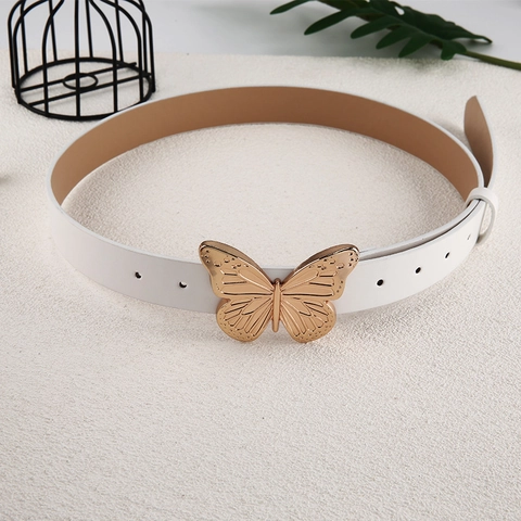 Vintage Schmetterling Schnalle Kunstleder Gürtel Für Damen Minimalistische Mode Jeans Accessoire Gold Legierung Gürtel