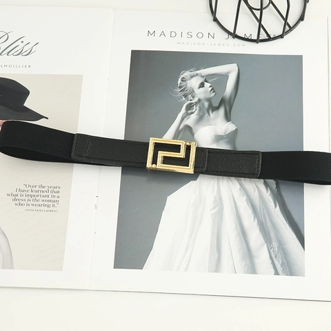 Cintura Elastica da Donna con Fibbia Geometrica Dorata Cintura a Corsetto Elasticizzata Nera per Abiti Cappotti Accessorio Moda