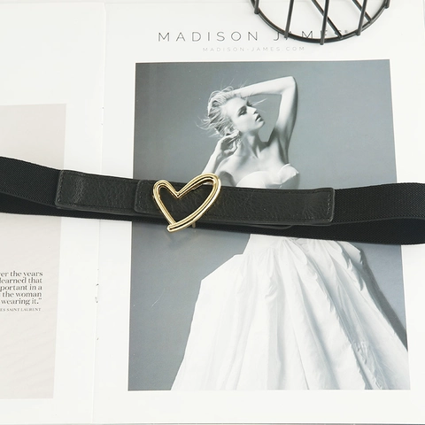 Cintura Elastica da Donna Moda Cuore Fibbia in Metallo Elegante Sottile Cinch Cintura per Abiti Cappotti Nero Oro