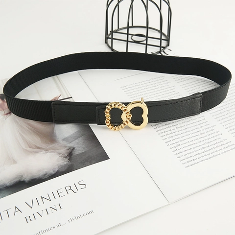 Damen Eleganter Elastischer Taillengürtel Vintage Gold Doppelherz Schnalle Schmaler Bund Für Kleider Modeaccessoires