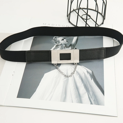 Women Elastic Corset Belt With Silver Square Buckle And Decorative Chain Slimming Stretchy Waist Band For Dresses Coats