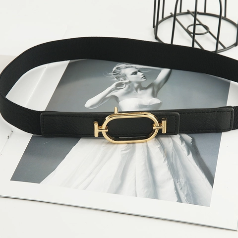 Cintura Elastica a Corsetto da Donna Moda Fibbia a T in Metallo Oro Ovale Cinturino Nero per Abiti Completo Cappotto Decorativo