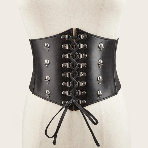 Ceinture Corset Large pour Femmes Gothique Punk Bande de Taille Élastique Avec Rivets de Crâne Argent Lacet Simili Cuir pour Robes