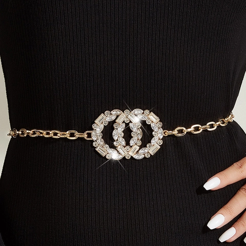 Catena da Vita in Metallo da Donna Color Oro Fibbia a Doppio Cerchio con Strass Cintura a Catena per Vestito