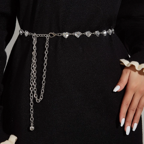 Cintura a Catena in Vita con Strass a Cuore in Metallo Argento Moda Donna Accessorio per Abito Regolabile Cintura Sottile